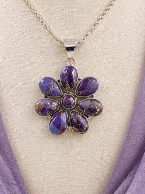 🤩Pendant 925 Sterling Silver Purple Dahlia Turquoise Flower Necklace